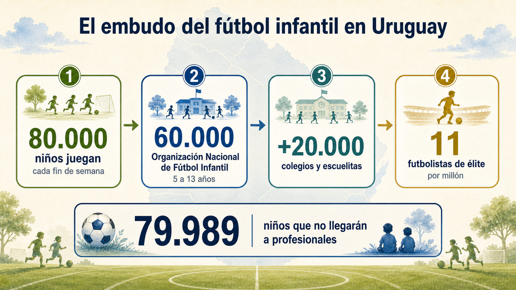 Infografía sobre fútbol infantil en Uruguay con cifras de elite, Organización Nacional de Fútbol Infantil, colegios y escuelitas